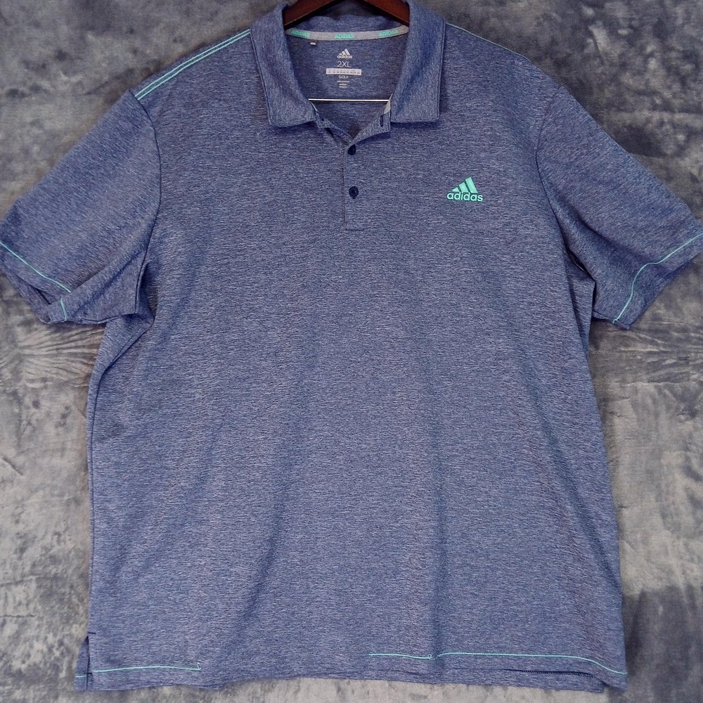 Adidas‎ Golf Polo Shirt Mens 2XL Blue Heather Performance Logo Stretch Active